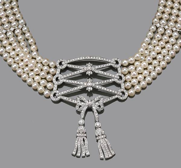 Appraisal: A diamond and cultured pearl multi-strand bow motif choker necklace