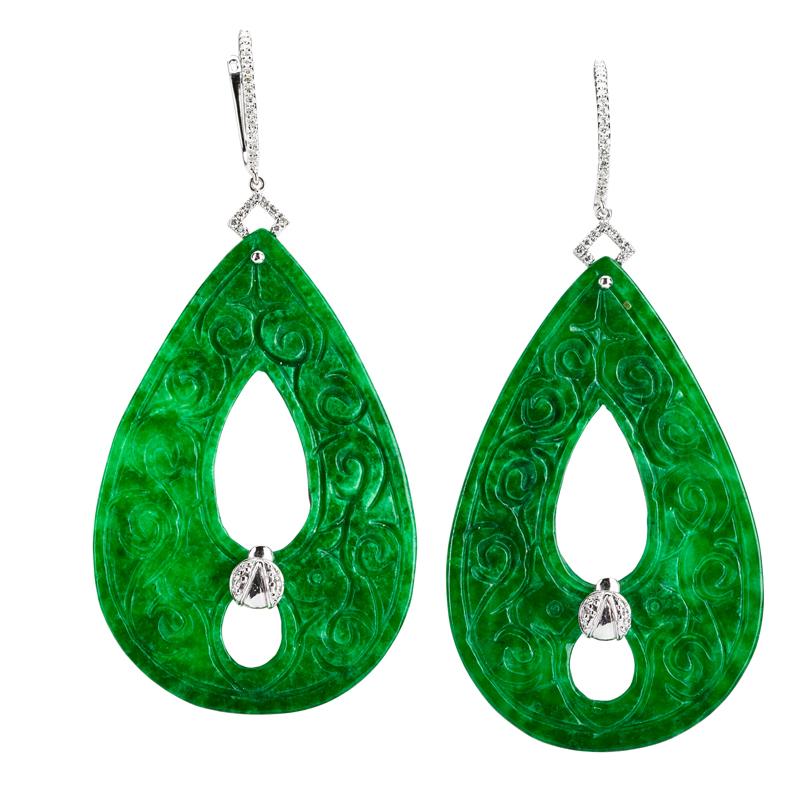 Appraisal: LARGE CARVED JADE DIAMOND K WHITE GOLD EARRINGS Teardrop shaped