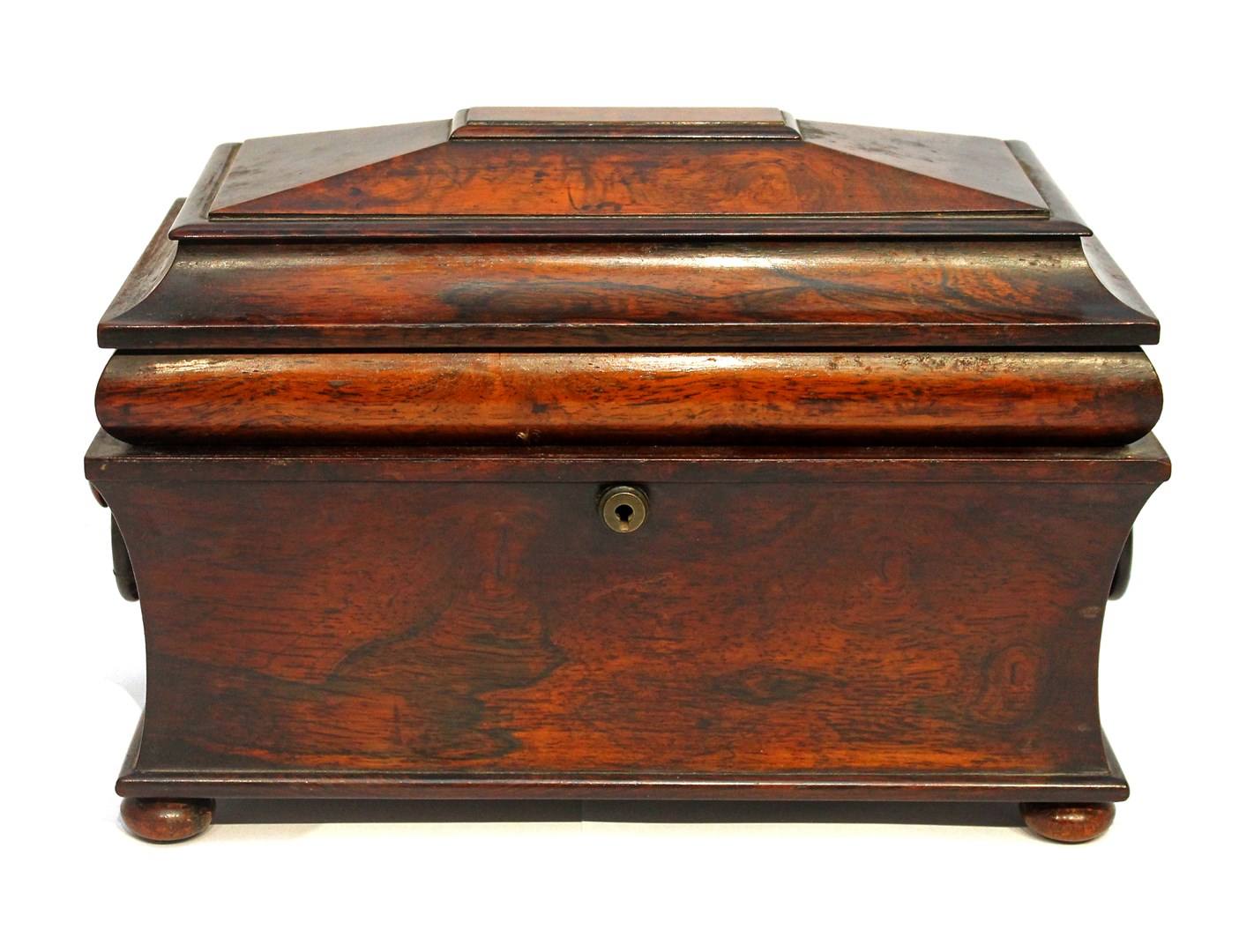 Appraisal: An early Victorian rosewood sarcophagus tea caddy with ring handles