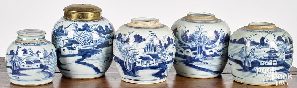 Appraisal: Five Chinese export blue and white ginger jars Five Chinese