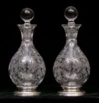 Appraisal: Pair of Modern Decanters Molded glass decanters with stoppers Design