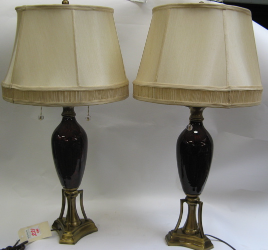 Appraisal: PAIR HEAVY BRASS SATIN FINISH METAL TABLE LAMPS with vivid