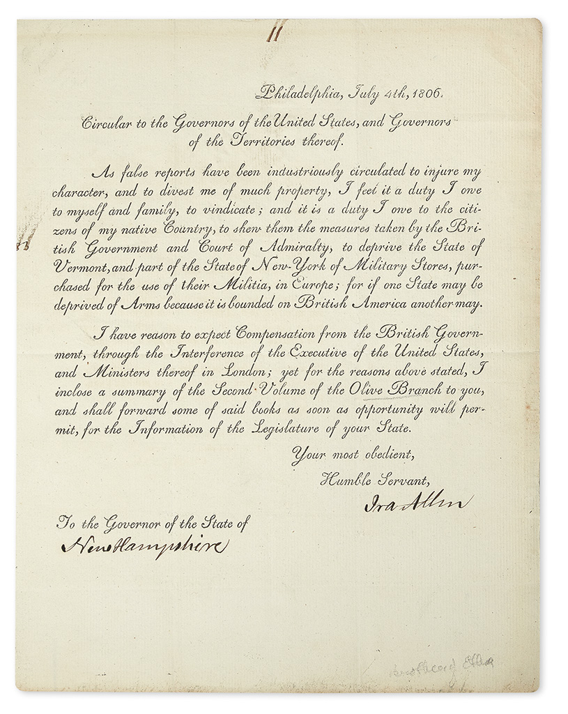 Appraisal: VERMONT ALLEN IRA Printed Letter Signed to the Governor of