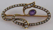 Appraisal: An Art Nouveau carat gold amethyst and seed pearl brooch