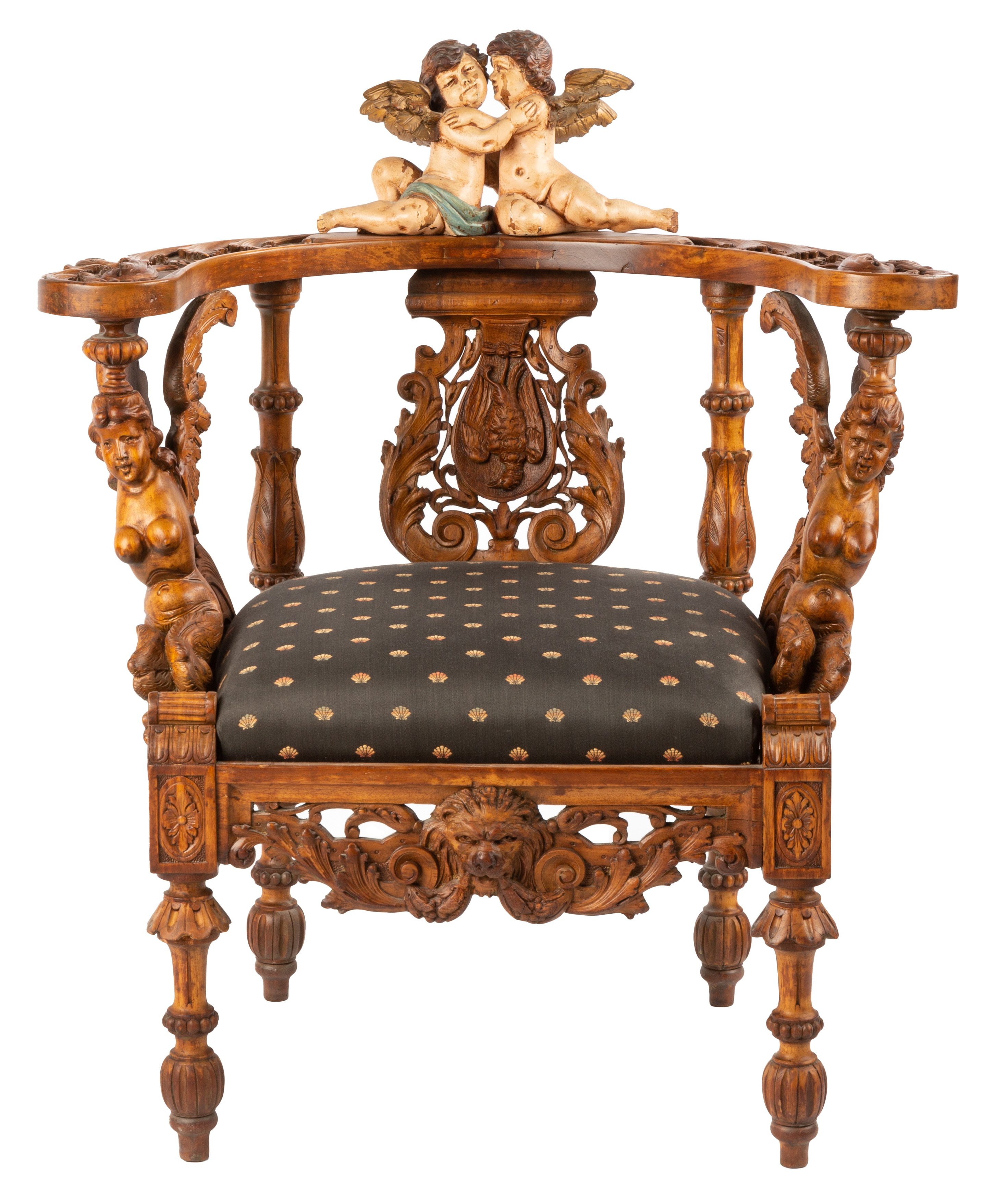 Appraisal: TH CENTURY ITALIAN CARVED WALNUT ARM CHAIR Decorated with winged