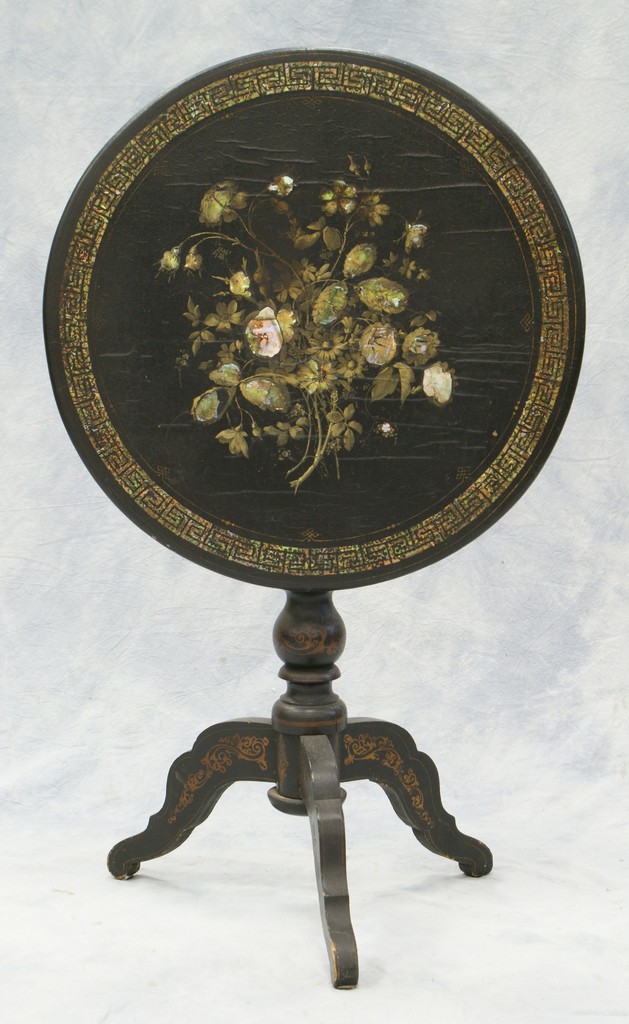 Appraisal: MOP inlaid papier mache Victorian tilt top table d h