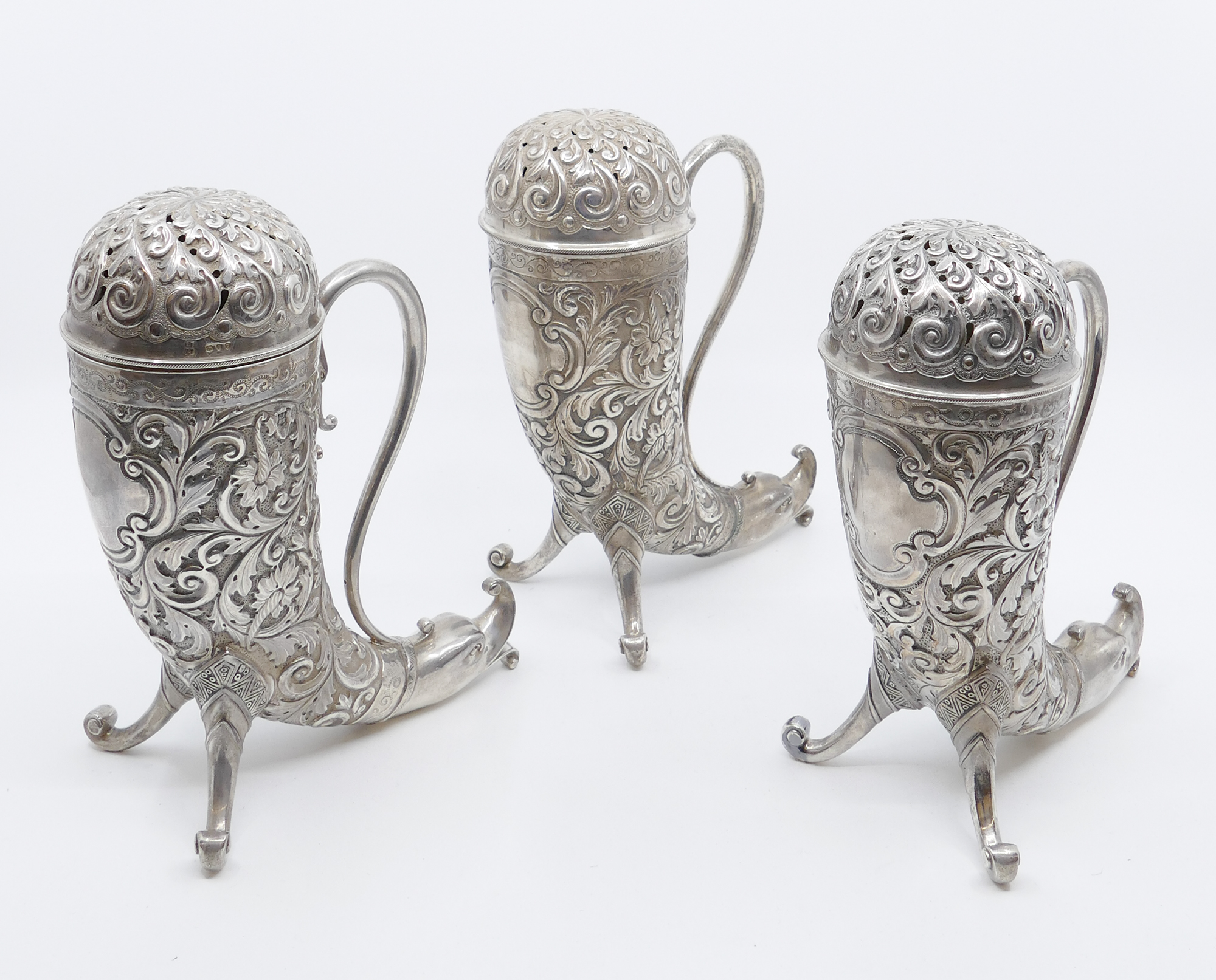 Appraisal: Trio of English Sterling Silver Cornucopia Sugar Casters pc hallmarked