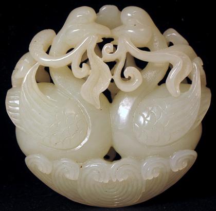 Appraisal: Chinese white jade pendantWell-carved openwork circular pendant depicts two geese