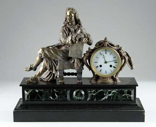 Appraisal: MARBLE AND METAL FIGURAL MANTEL CLOCK Black stepped marble base