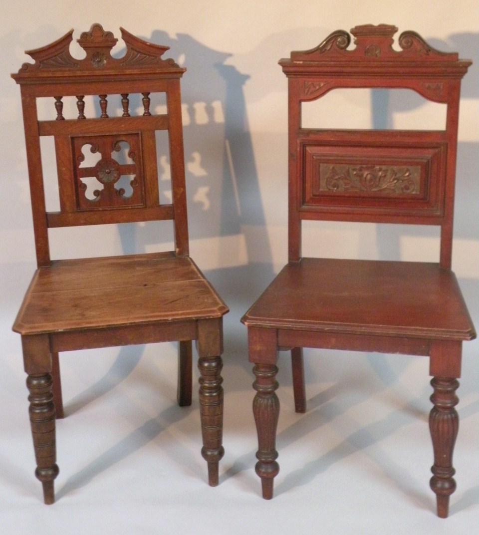 Appraisal: A pair of late thC mahogany hall chairs each with