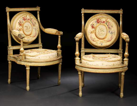 Appraisal: Attractive Pair of Napoleon III Polychromed and Giltwood Fauteuils mid-