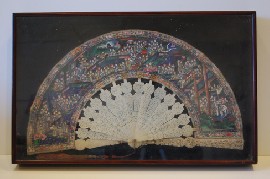 Appraisal: CHINESE EXPORTWARE CARVED IVORY FAN WITH WATERCOLOUR ON PAPER LATE