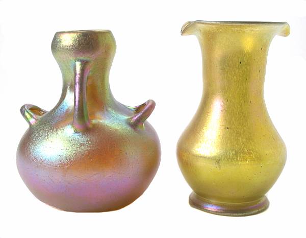 Appraisal: Two Austrian gold iridescent glass vases early th century heights