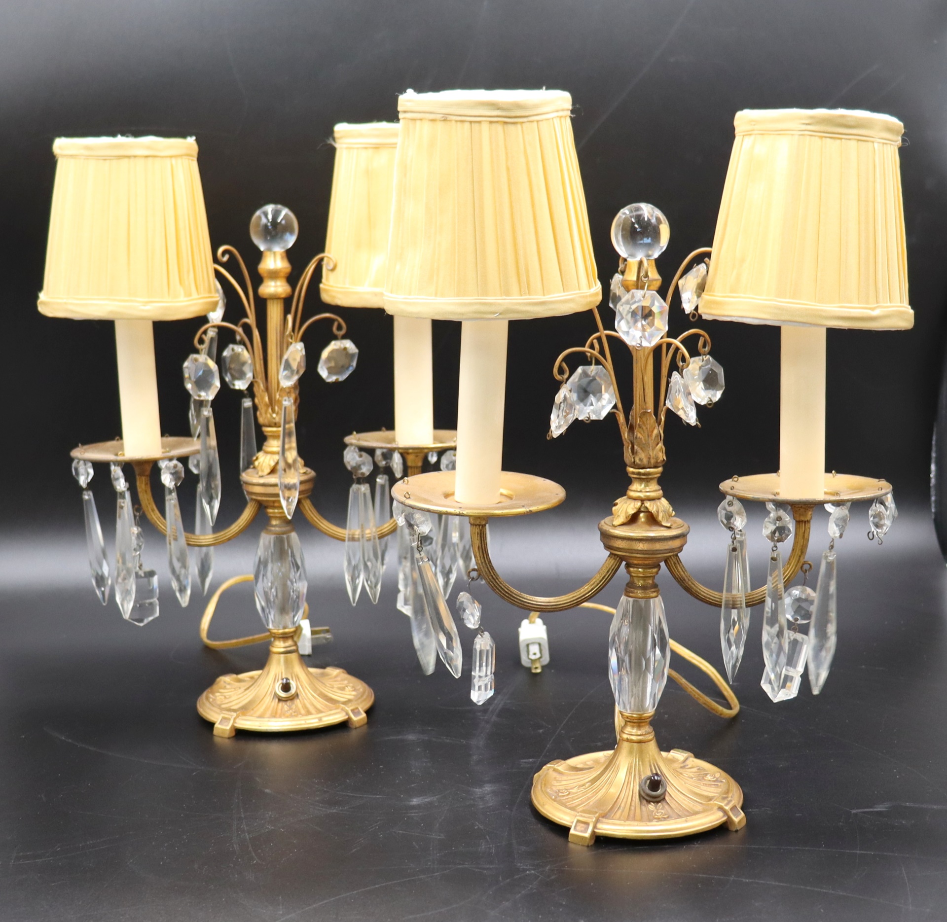 Appraisal: ANTIQUE BRONZE CRYSTAL CANDELABRA AS LAMPS From an Armonk NY