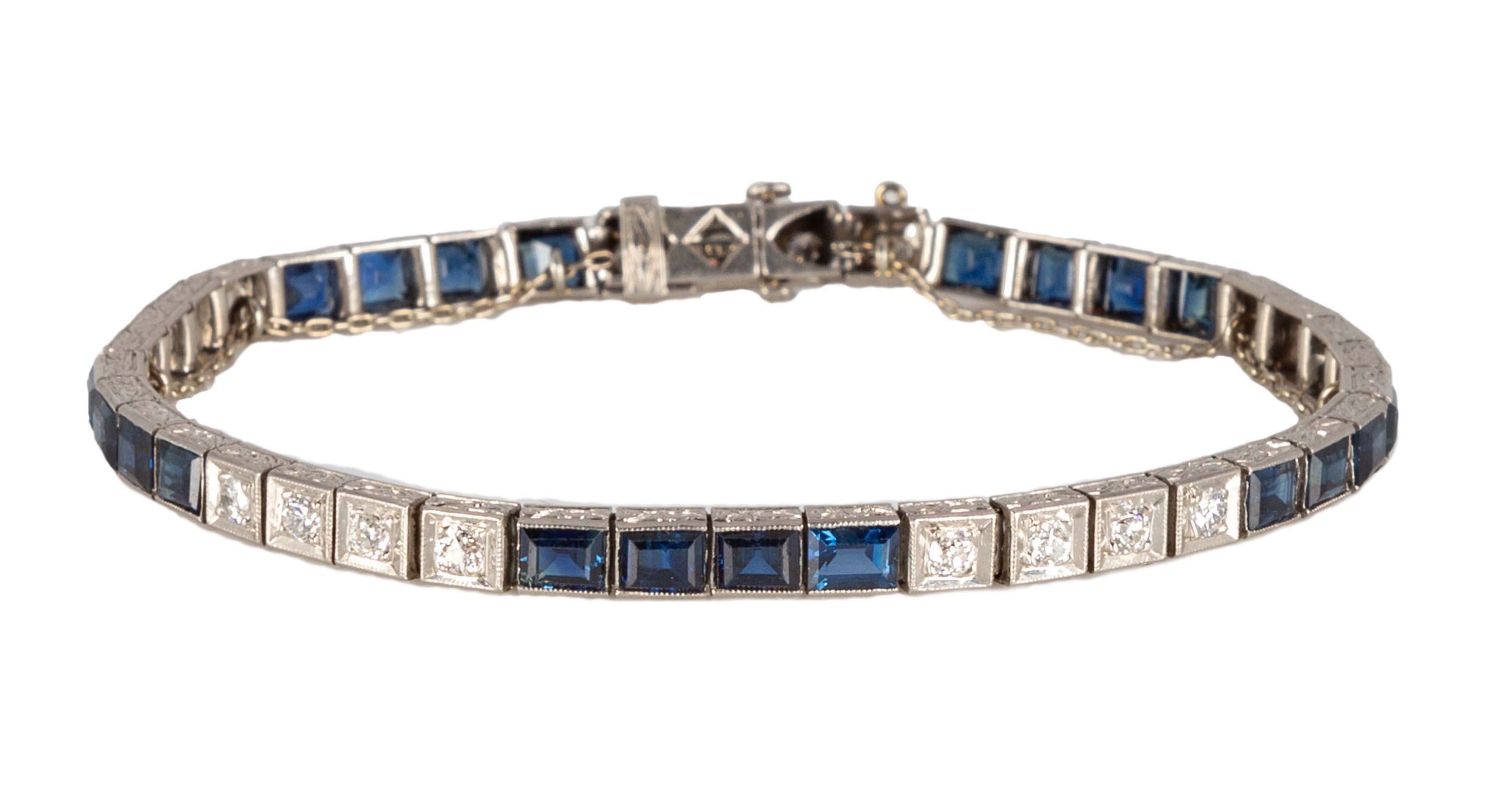 Appraisal: PLATINUM DIAMOND SAPPHIRE TENNIS BRACELET old European cut diamonds Approximate