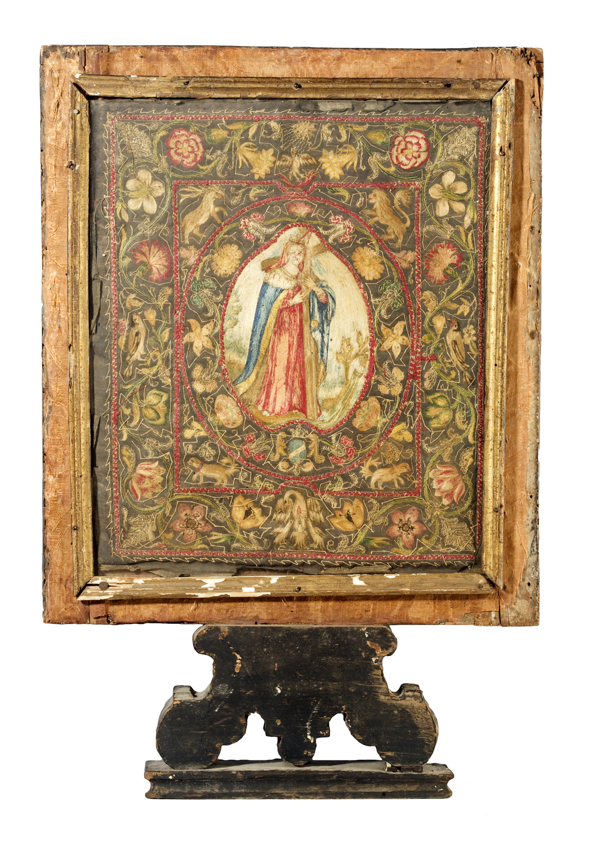 Appraisal: SPANISH SILK-EMBROIDERED AND METALLIC THREAD NEEDLEWORK PICTURE DEPICTING ST THERESA