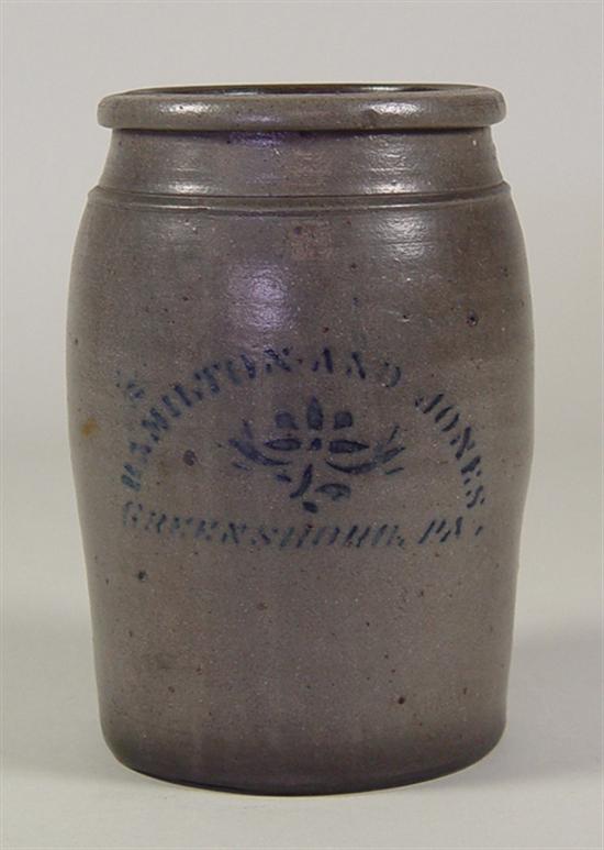 Appraisal: Hamilton Jones Stoneware Canning Crock Late th Century Hamilton Jones