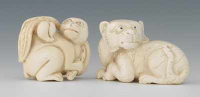 Appraisal: Two Carved Ivory Animal Netsuke The first a monkey carrying