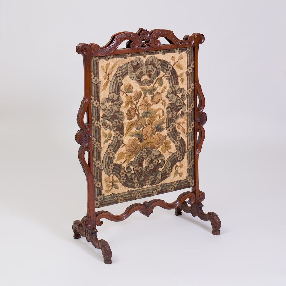 Appraisal: R gence Style Carved Mahogany and Needlework Fire Screen Composed