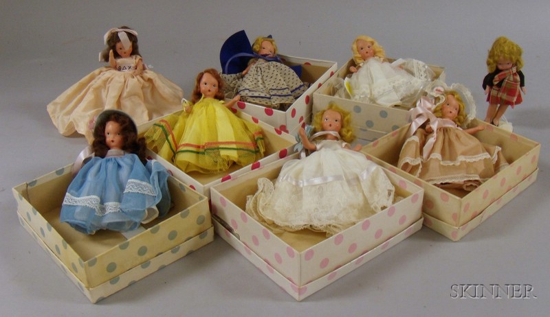 Appraisal: Six Boxed Painted Bisque Nancy Ann Story Book Dolls and