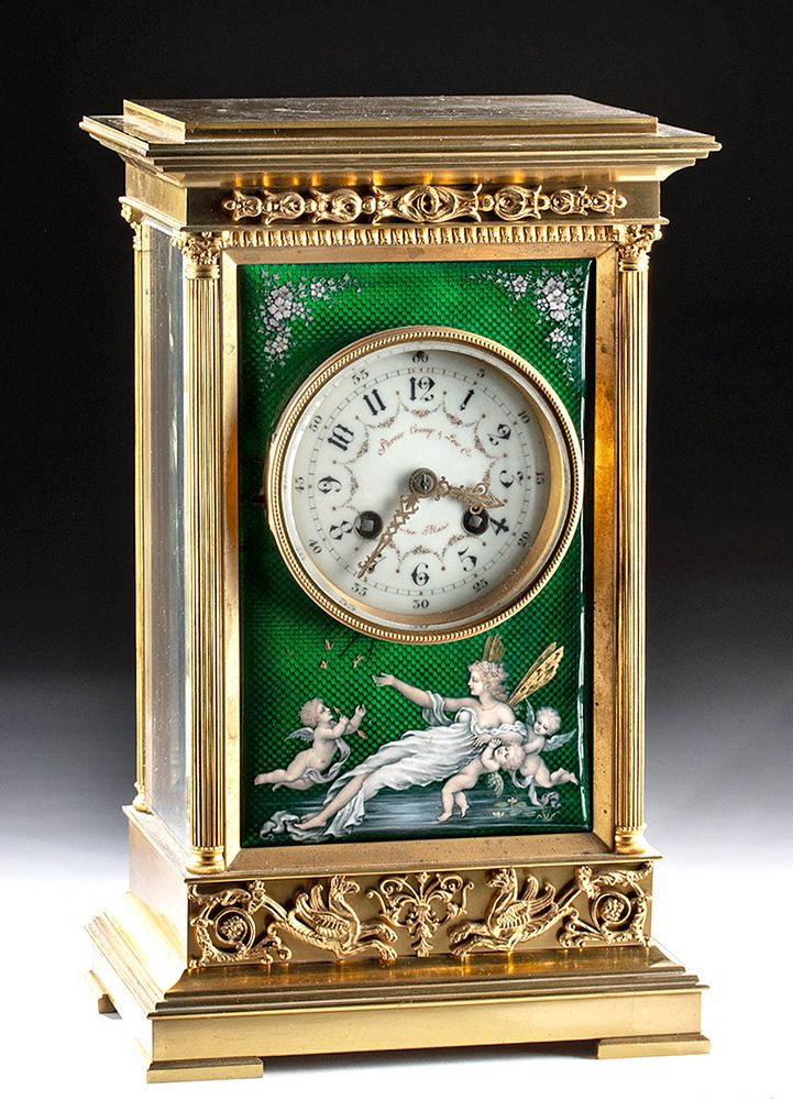 Appraisal: th C French Brass Enamel Etienne Maxant Brevete Clock Europe