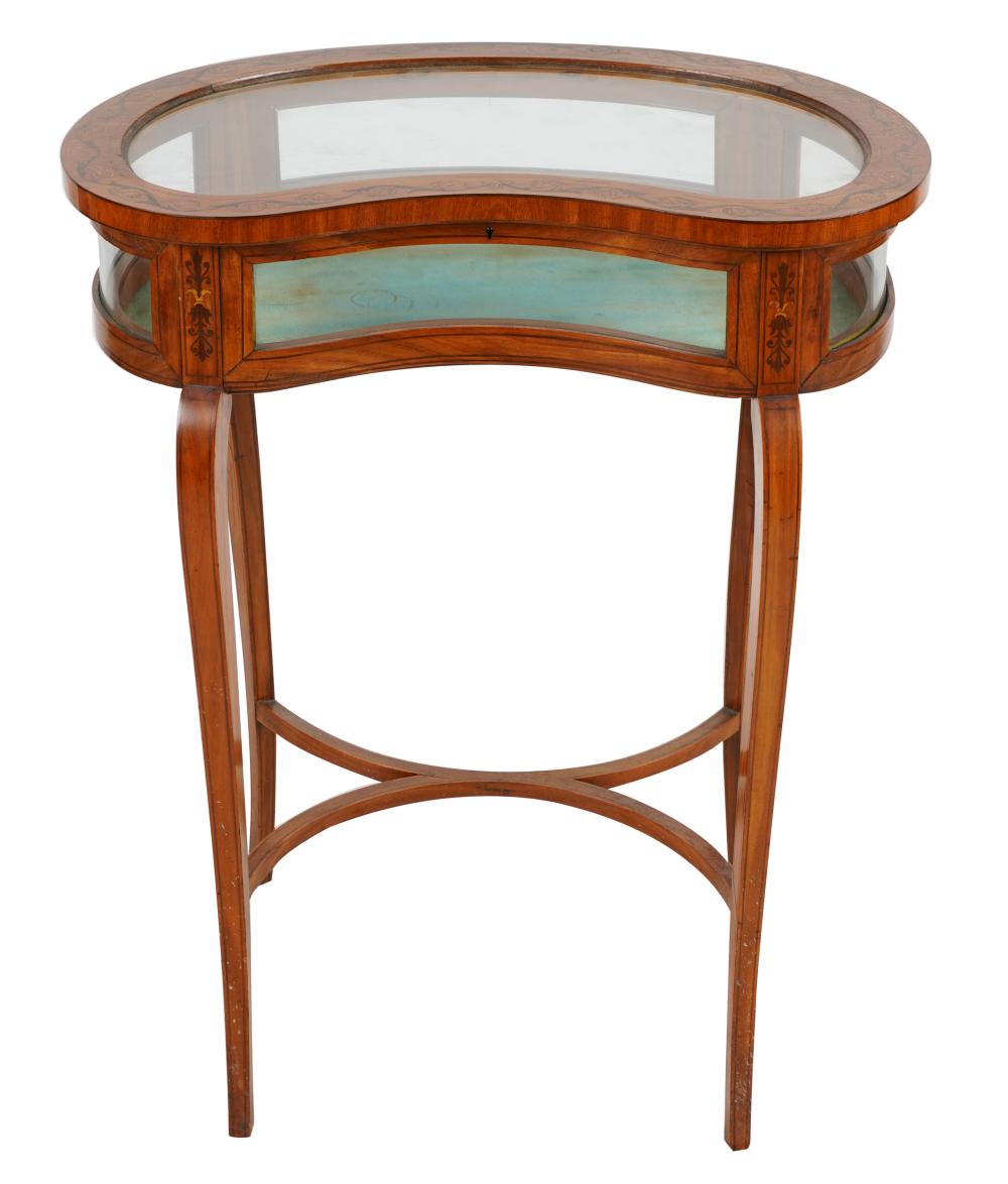 Appraisal: MARQUETRY-INLAID VITRINE TABLEkidney-shaped with glazed top and sides Condition no