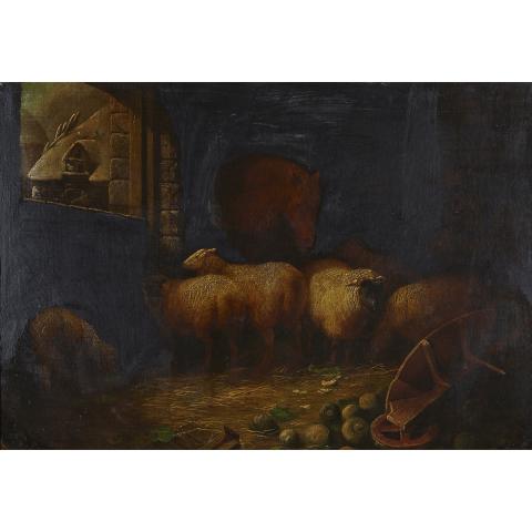 Appraisal: John Russell th Century SHEEP AND HORSE IN BARN ON