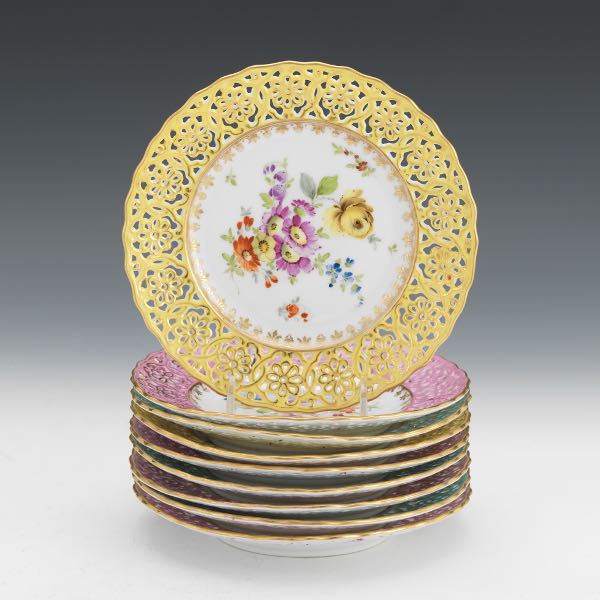 Appraisal: NINE GERMAN DRESDEN PORCELAIN HAND PAINTED RETICULATED DESSERT PLATES Porcelain