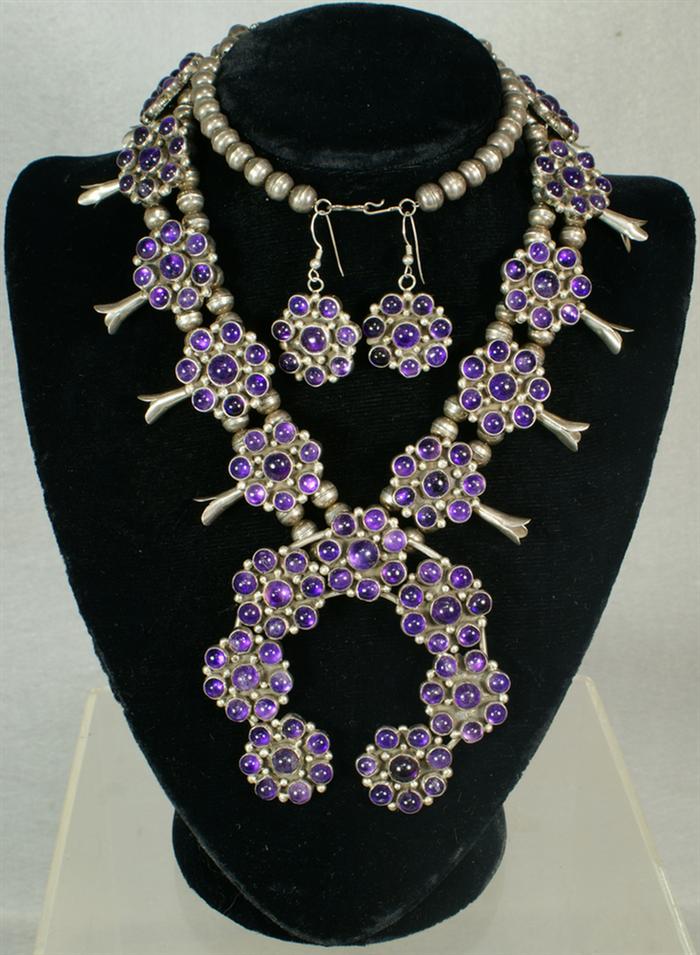 Appraisal: Native American silver and amethyst squash blossom necklace with matching