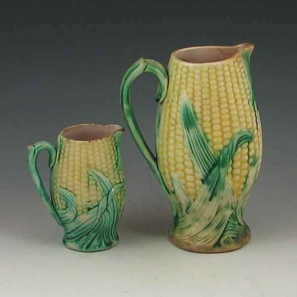 Appraisal: Majolica Corn Creamer and Pitcher unmarked creamer ''h chips on