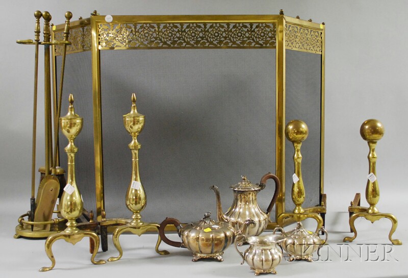 Appraisal: Two Pairs of Brass Andirons Folding Screen Three-piece Fireplace Tool