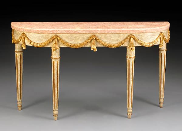 Appraisal: A Neoclassical style painted and parcel gilt console table last