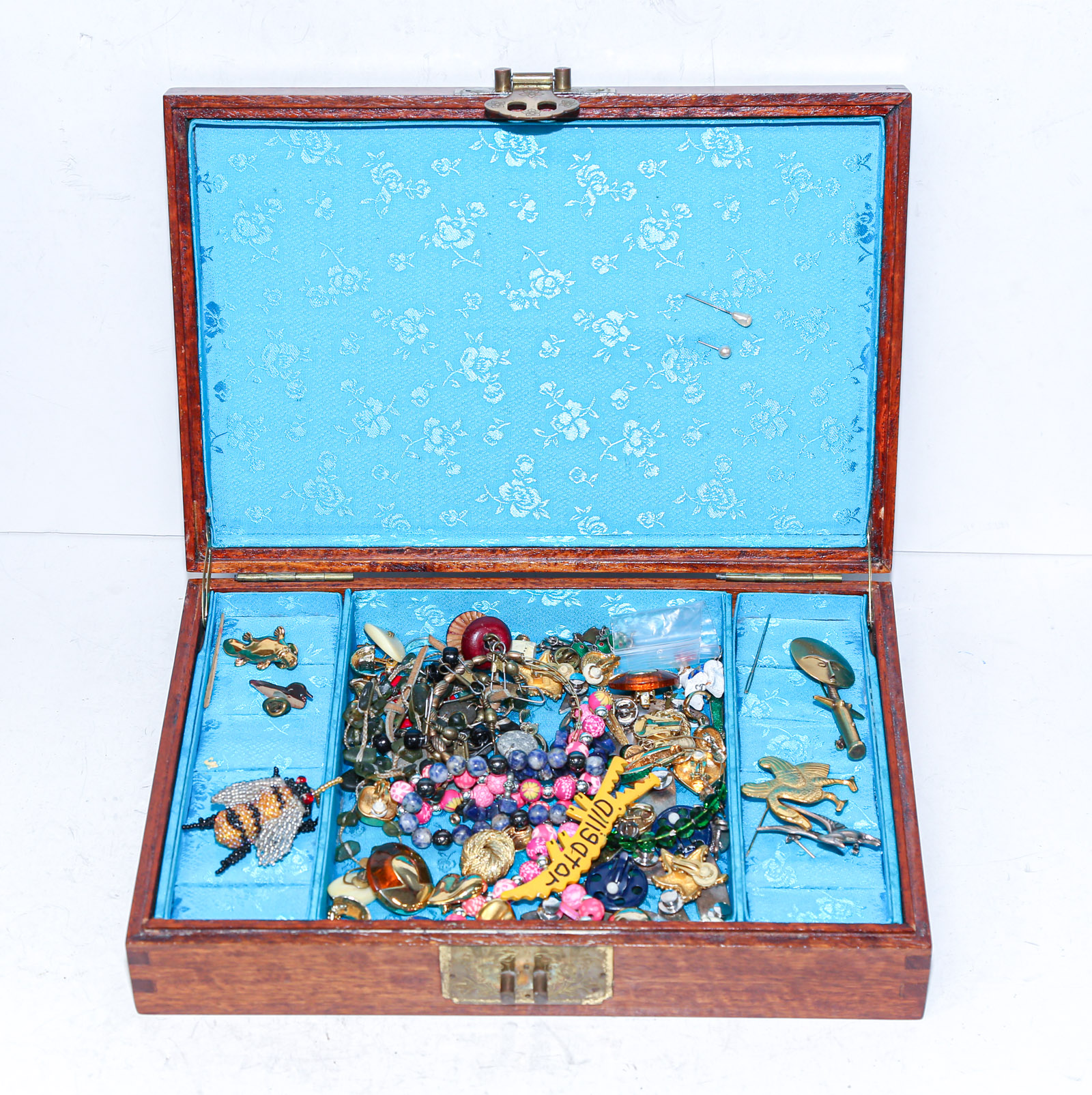 Appraisal: A CHINESE WOODEN BOX COSTUME JEWELRY Including sterling Danecraft pin