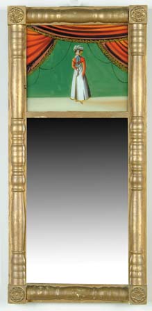 Appraisal: SHERATON PICTURE MIRROR Split column gold mirror has reverse painted