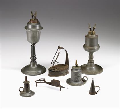 Appraisal: Group of eight assorted pewter lighting devices th century Comprising