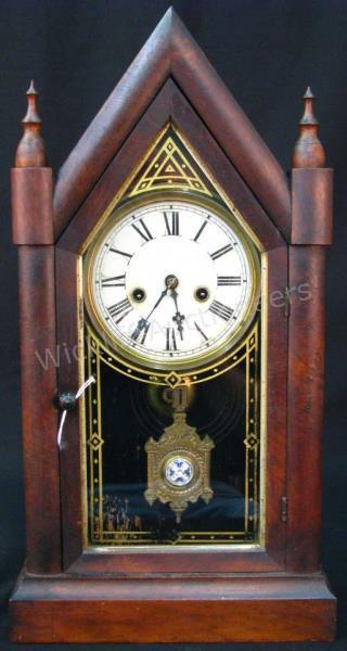 Appraisal: E N Welch Sharp Gothic Steeple Clock mahogany case with