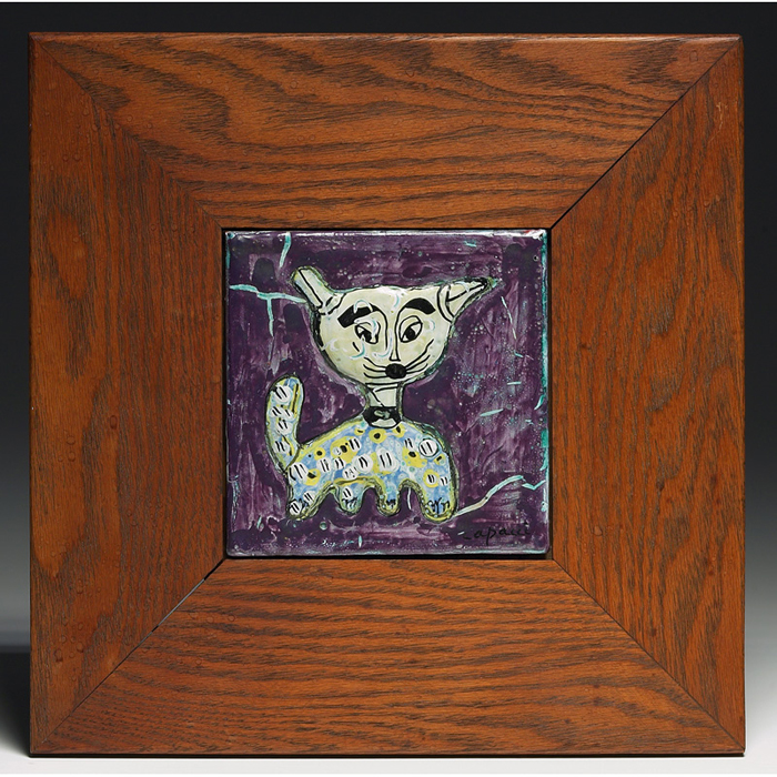 Appraisal: Capacci tile painted cat design signed framed sq with Luciano