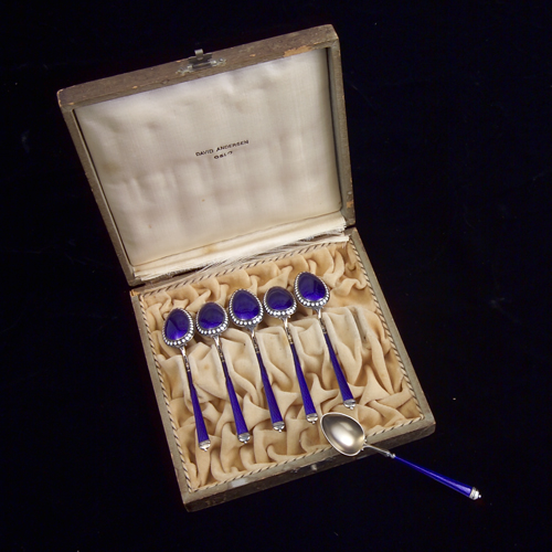 Appraisal: David Anderson cobalt spoons set of six in case