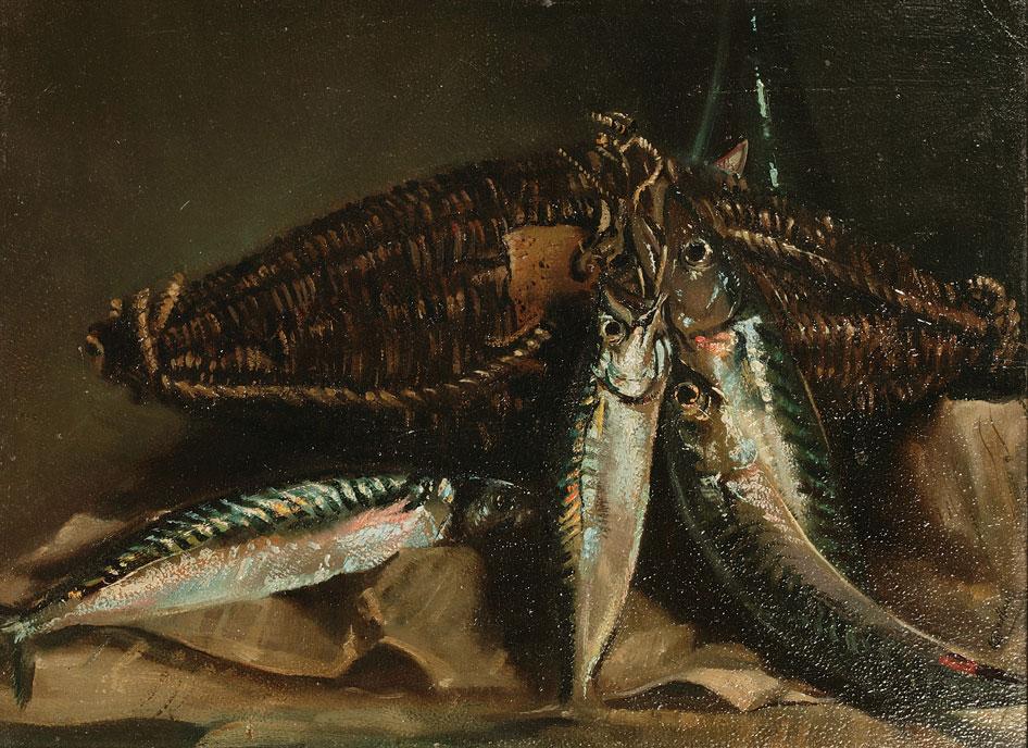 Appraisal: ARTHUR BRADBURY Mackerel and a fishing basket signed oil on