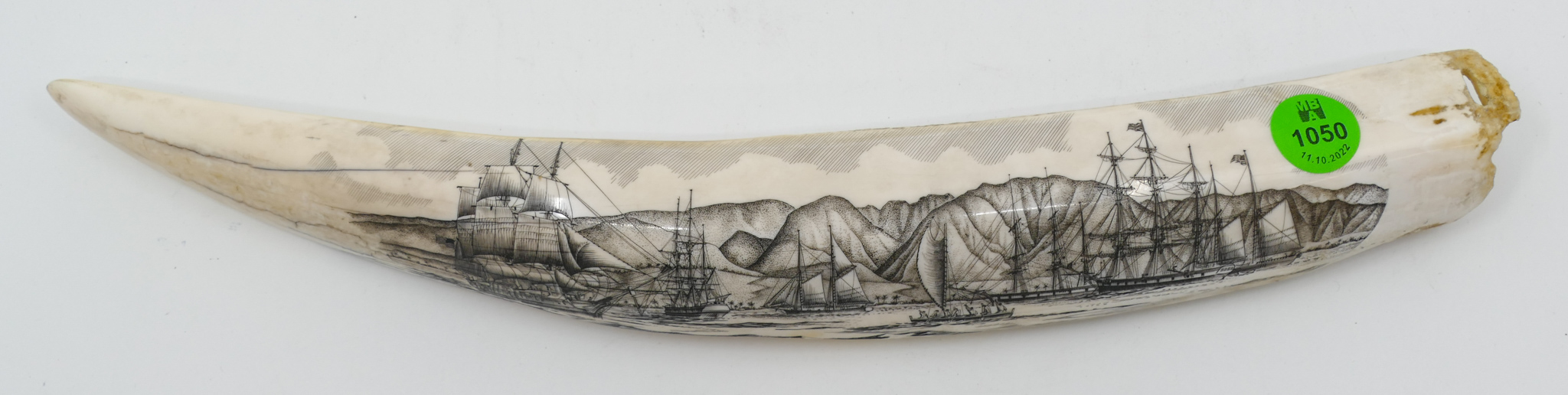 Appraisal: Ray Peters Maritime Scene with Natives Scrimshawed Tusk ''