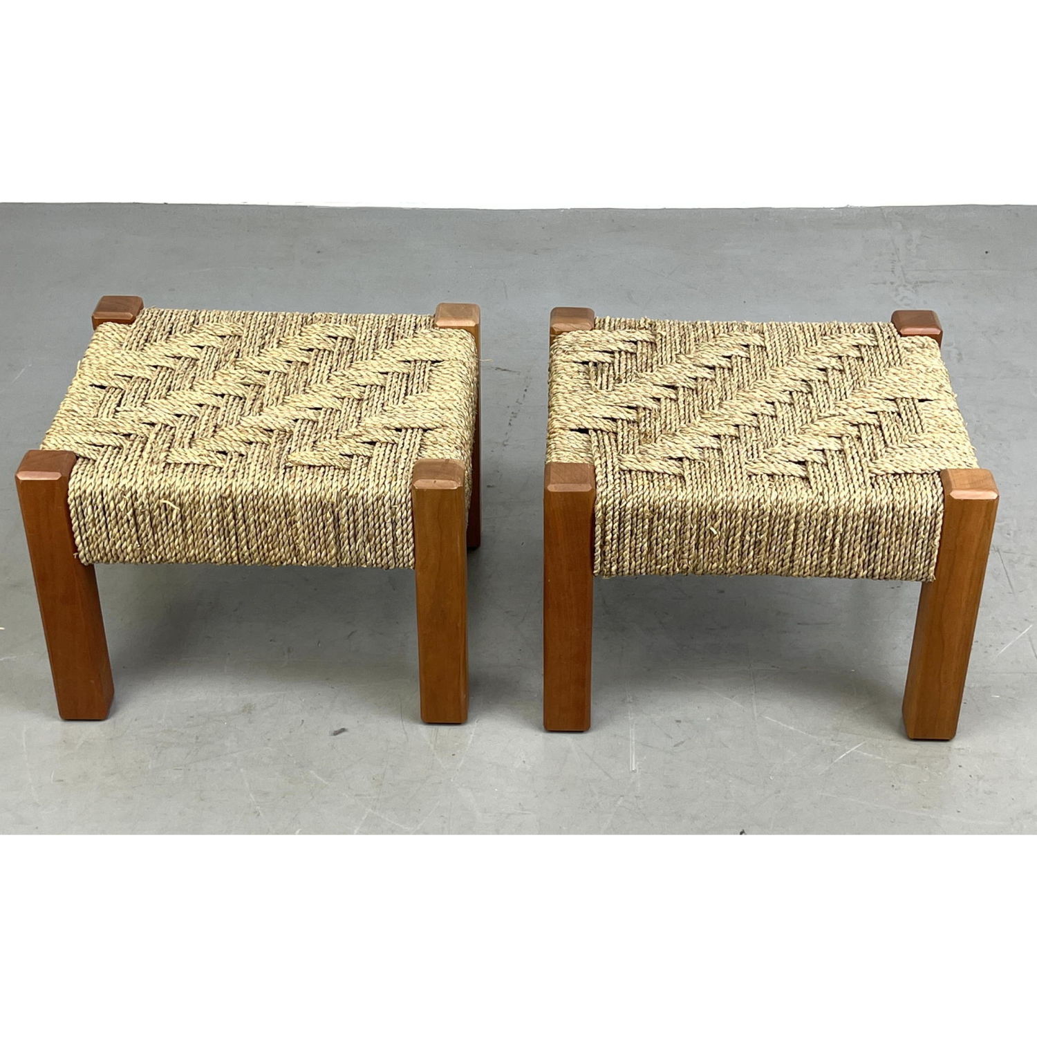 Appraisal: Pair woven Cord Stools Square wood legs Dimensions H inches