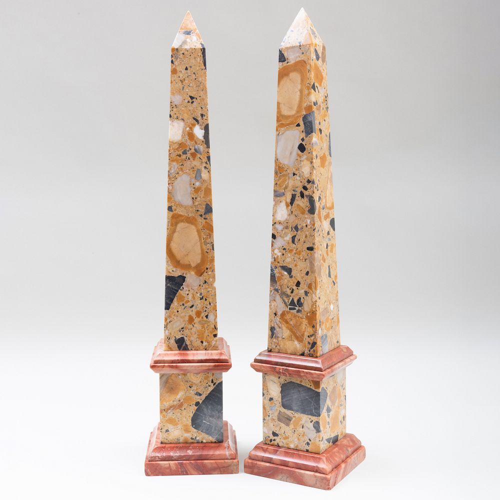 Appraisal: Pair of Breccia Marble Obelisks x x in Gracious Living