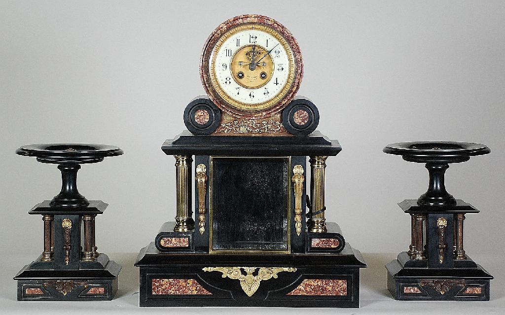 Appraisal: MID NINETEENTH CENTURY FRENCH BLACK SLATE AND ROUGE MARBLE CLOCK