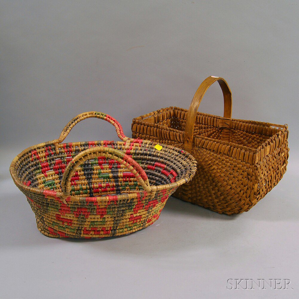 Appraisal: Two Woven Baskets th century a rectangular splint-woven basket with