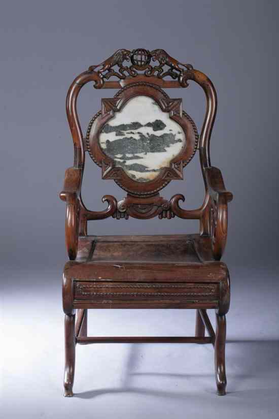 Appraisal: ANGLO-INDIAN ROSEWOOD OPEN ARM CHAIR The back with two carved