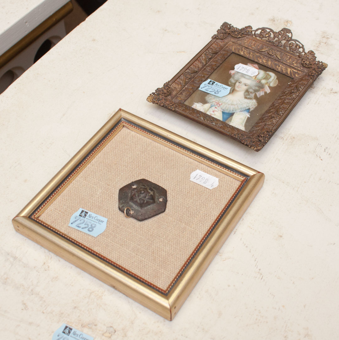 Appraisal: Framed portrait miniature and metal fragment