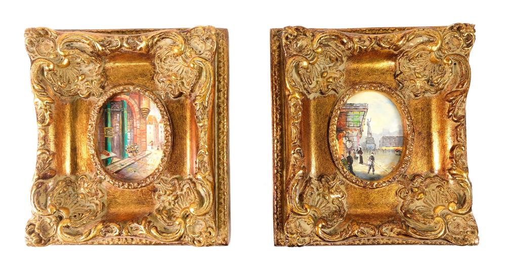 Appraisal: TWO MINIATURE PARISIAN STREET SCENE PAINTINGSTwo miniature oil on board