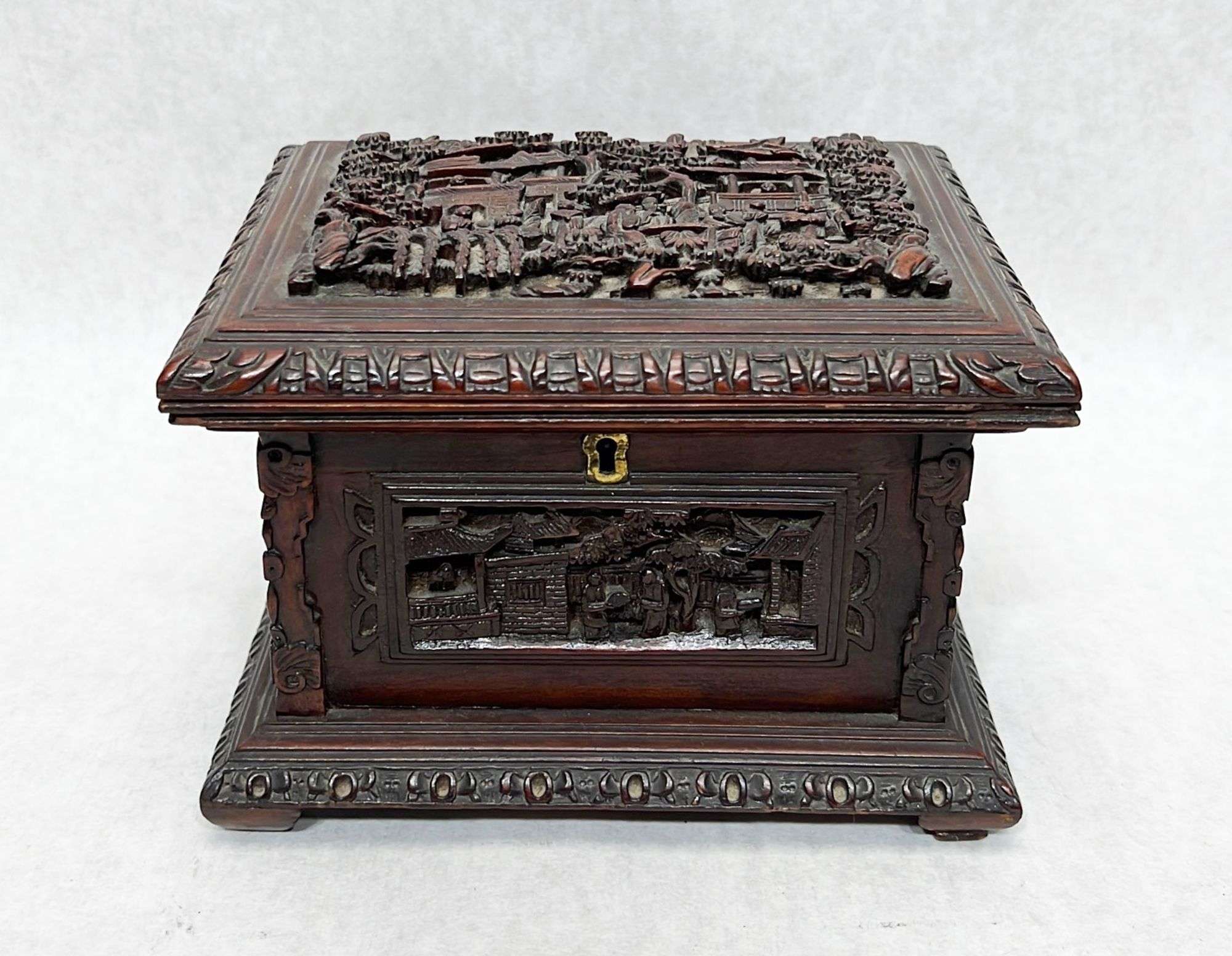 Appraisal: Chinese Canton carved wood jewelry box thC Comes w key