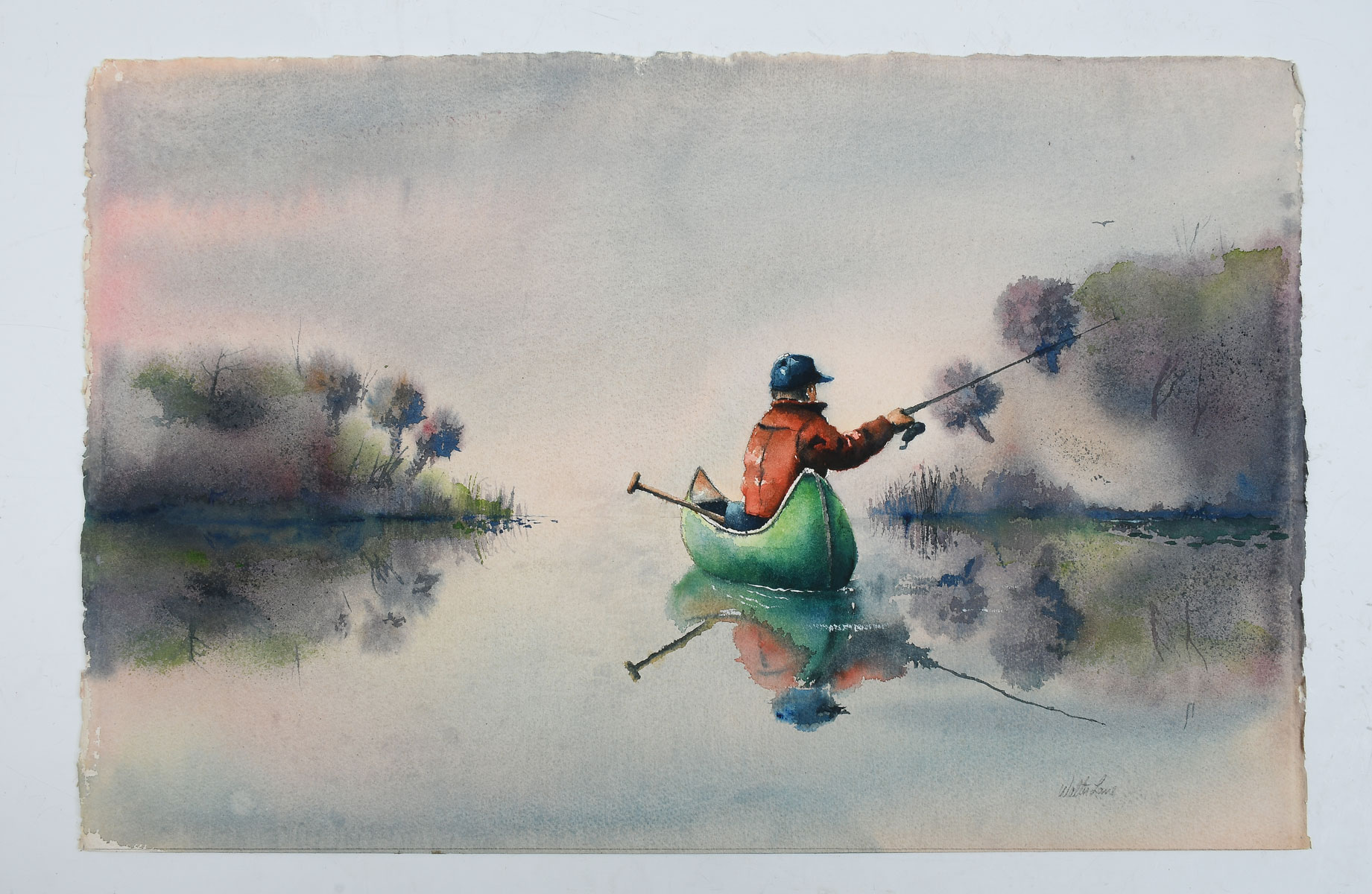 Appraisal: WALTER LANE FISHERMAN IN CANOE PAINTING Watercolor '' x ''