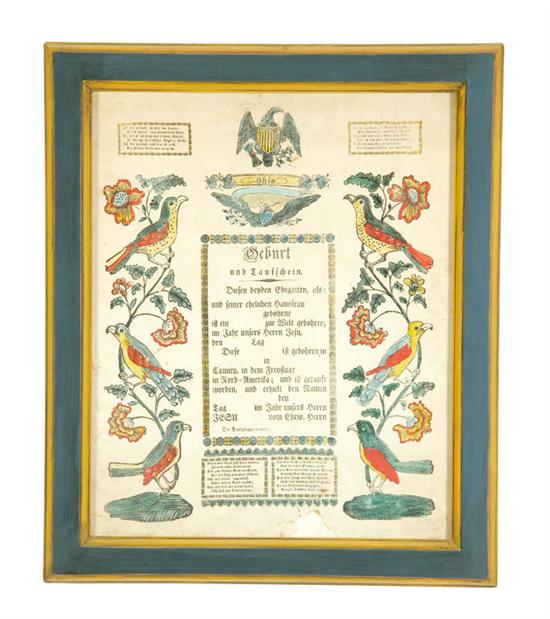 Appraisal: TWO PRINTED FRAKTURS Ohio with watercolor detail in good colors